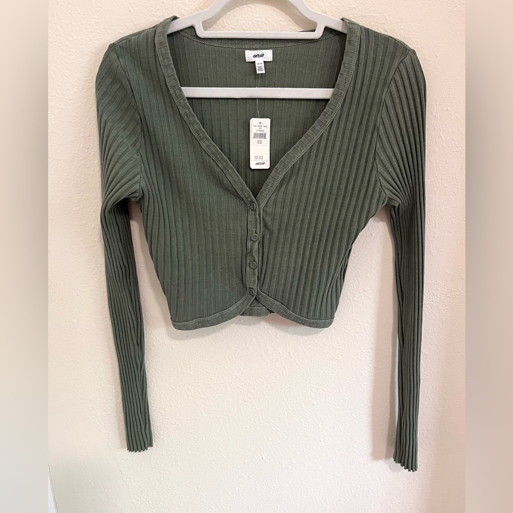 Aerie Ribbed Sage Green Cropped Button Down Top New with tags